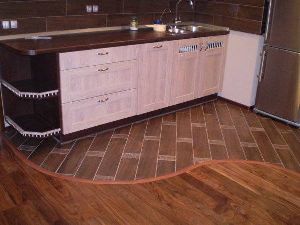 Комбинированный пол из плитки и ламината: 50 фото на кухне, прихожей, гостиной